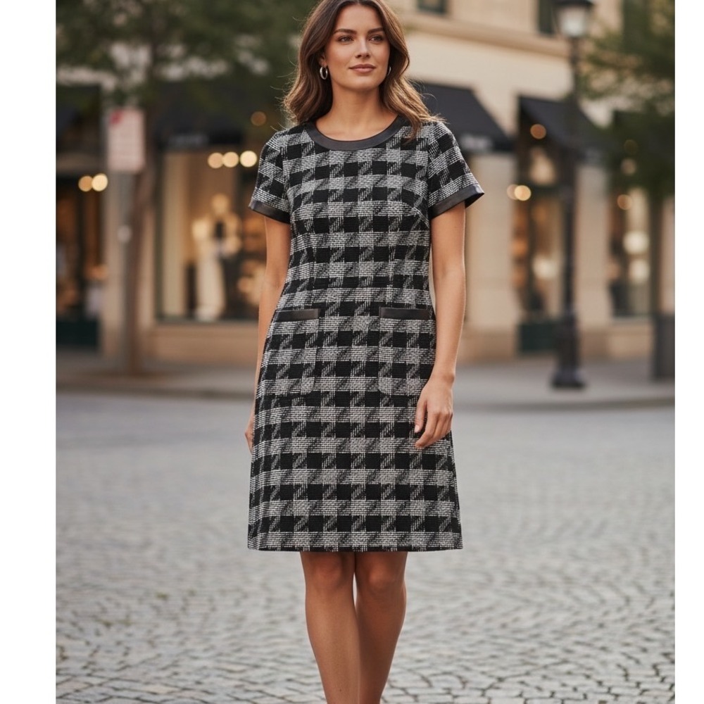 Karl Lagerfeld Paris Houndstooth Sheath Dress Faux Leather Trim Black White 6